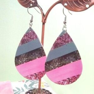 Pink & Gray Stripe Teardrop Earrings